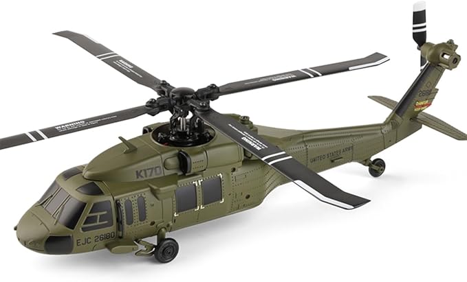 FunXylophy WL K170 RC Helicopter 2.4G 4CH Flybarless 6-Axis Gyroscope Altitude Hovering RC Military Helicopter with Display Stand and Apron Takeoff Landing Pads (RTF Version)