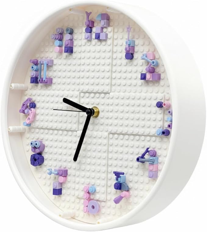 Educational STEM Building Block Assembly Toy Wall Clock for Girls Aged 6-8 Kids' DIY Hands-On Creative Construction Toy Fun Birthday Gift for Girls Aged 9-12 27 cm Diameter (White Frame)