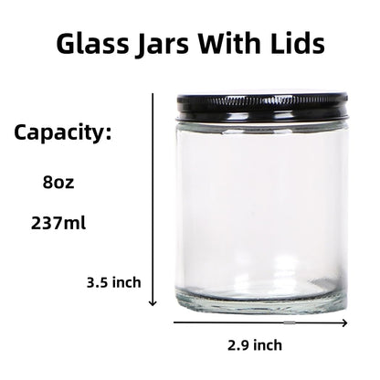 KIGITIK 6 pack 8oz Glass Jars and Plastic & Metal Lids, Refillable Thick Glass Jars For Candle, Storage, Spice, Liquid, Powder. (8oz Clear)
