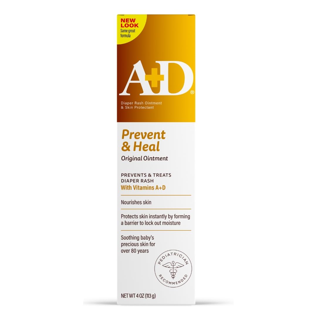 A+D Original Diaper Rash Ointment Prevents & Treats Diaper Rash, Moisturizing Skin Protectant with Vitamins A & D, Healing Skin Ointment for Dry and Cracked Skin 4oz