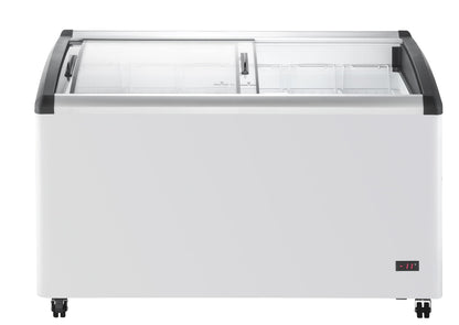 Duura Commercial Mobile Ice Cream Display Chest Freezer Sub Zero Temp Curved Glass Top Frost Free Lid with 6 Wire Baskets, 53.2 Inch Wide 15.2 Cubic Feet, White