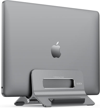 SODI Vertical Laptop Stand for Desk, Gravity Auto Lock MacBook Stand, Aluminum Laptop Holder Vertical Compatible with MacBook Pro, Air, Tablet, Space-Saving Organize Work & Home Office, Gray