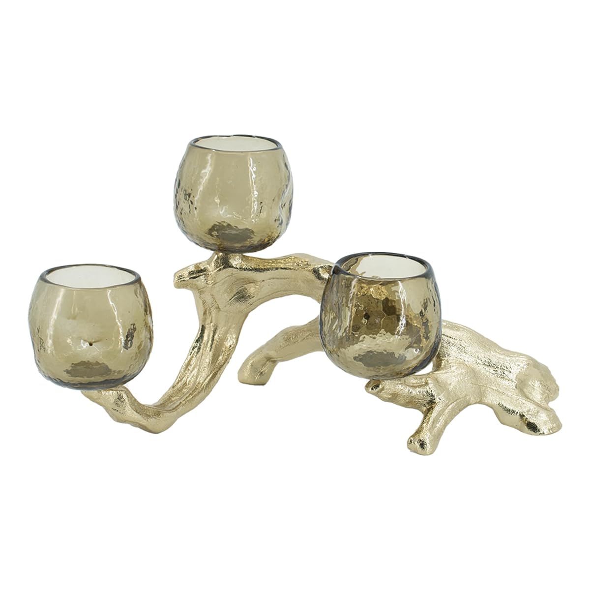 Modern Gold Multi Votive Candle Holder with Textured Glass Cups, Branch-Inspired Aluminum Candle Stand for Tabletop Dining Mantel Shelf Décor, 15.7 Inch
