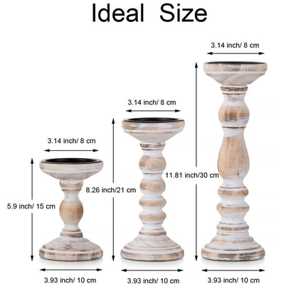 Wood Candle Holders for Pillar Candles - Tall Rustic Candle Holder (Set of 3), Large Farmhouse Candle Holders Candle Stand, Pillar Candle Holder Set for Table Centerpiece, Fireplace, Home, White