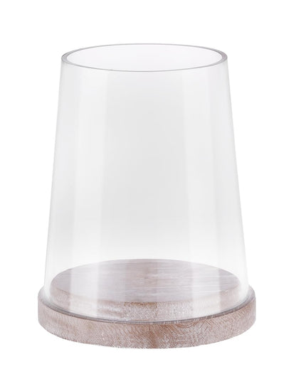 8" Wide Glass Hurricane Candle Holders with Handmade Sturdy Glass Sleeves and Distressed Brown Wood Base for Pillar Candle & Plants, Industrial, Farmhouse, Display Cloche Bell Jars, Table Centerpiece