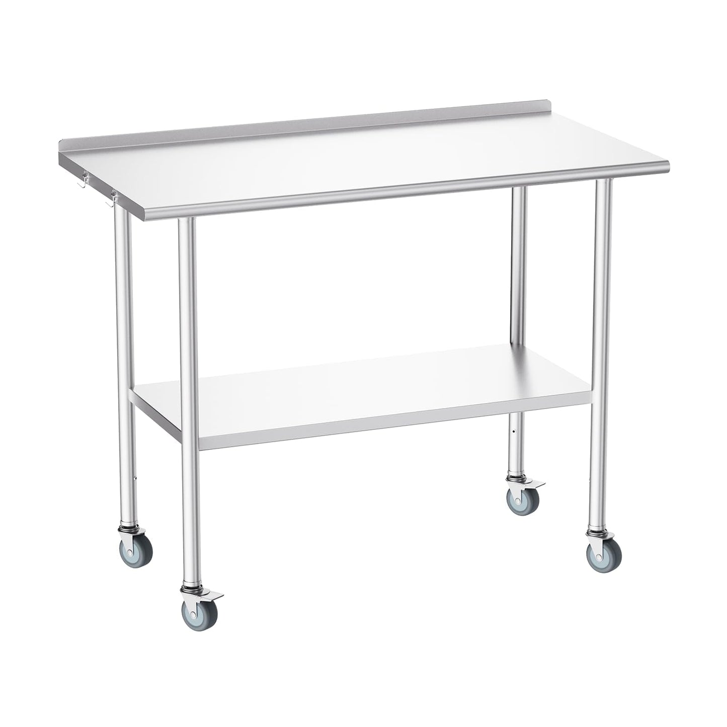 Atelicf All-Stainless Steel Prep Table, 24 x 48 Inch, with Rounded-Corner Backsplash, Casters and Adjustable Undershelf, Heavy-Duty Build for Outdoor Use, Restaurants, Kitchens, Gardens, and Garages