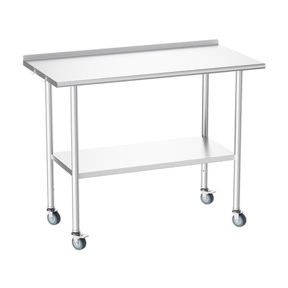 Atelicf All-Stainless Steel Prep Table, 24 x 48 Inch, with Rounded-Corner Backsplash, Casters and Adjustable Undershelf, Heavy-Duty Build for Outdoor Use, Restaurants, Kitchens, Gardens, and Garages