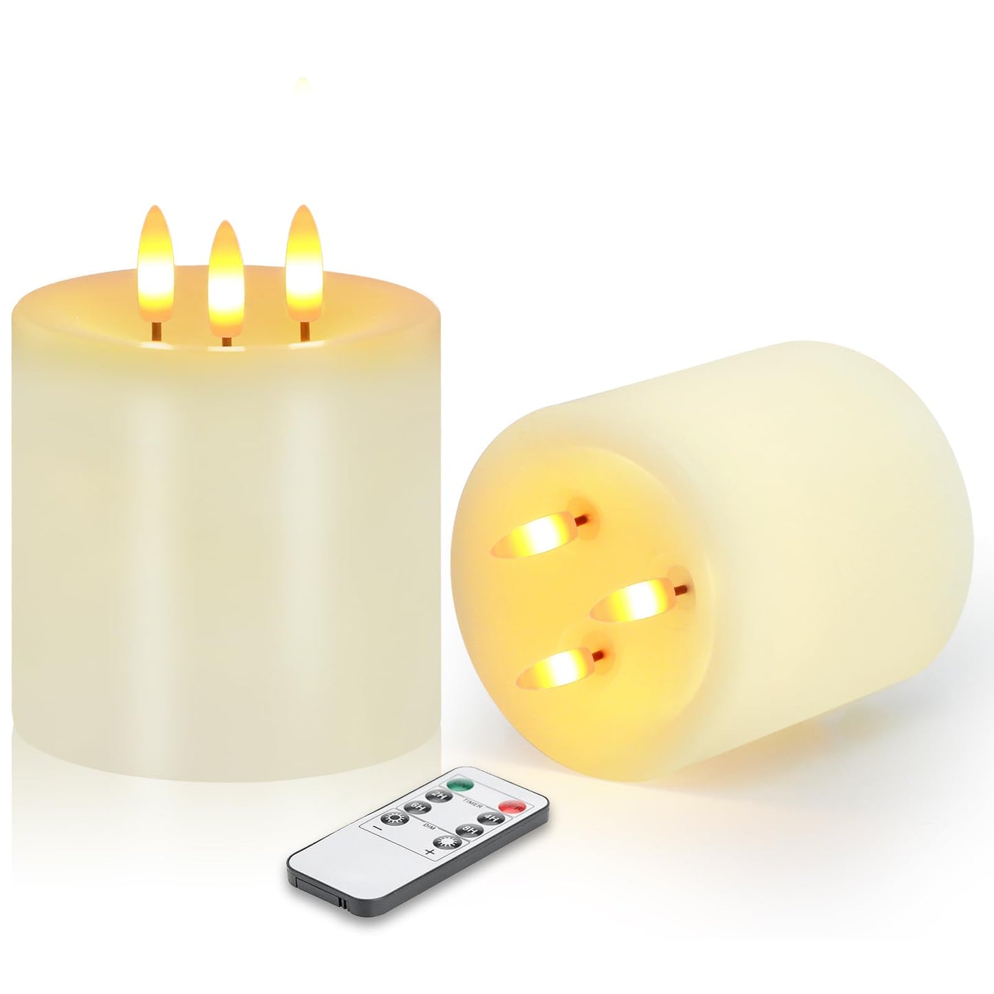 3 Wick Flameless Candles Set of 2, 4"x4" Flickering Large Flameless Candles with Remote & Timer, Dimmable Real Wax Electric Pillar Candles Battery Operated, LED Candles for Home Wedding Xmas Decor