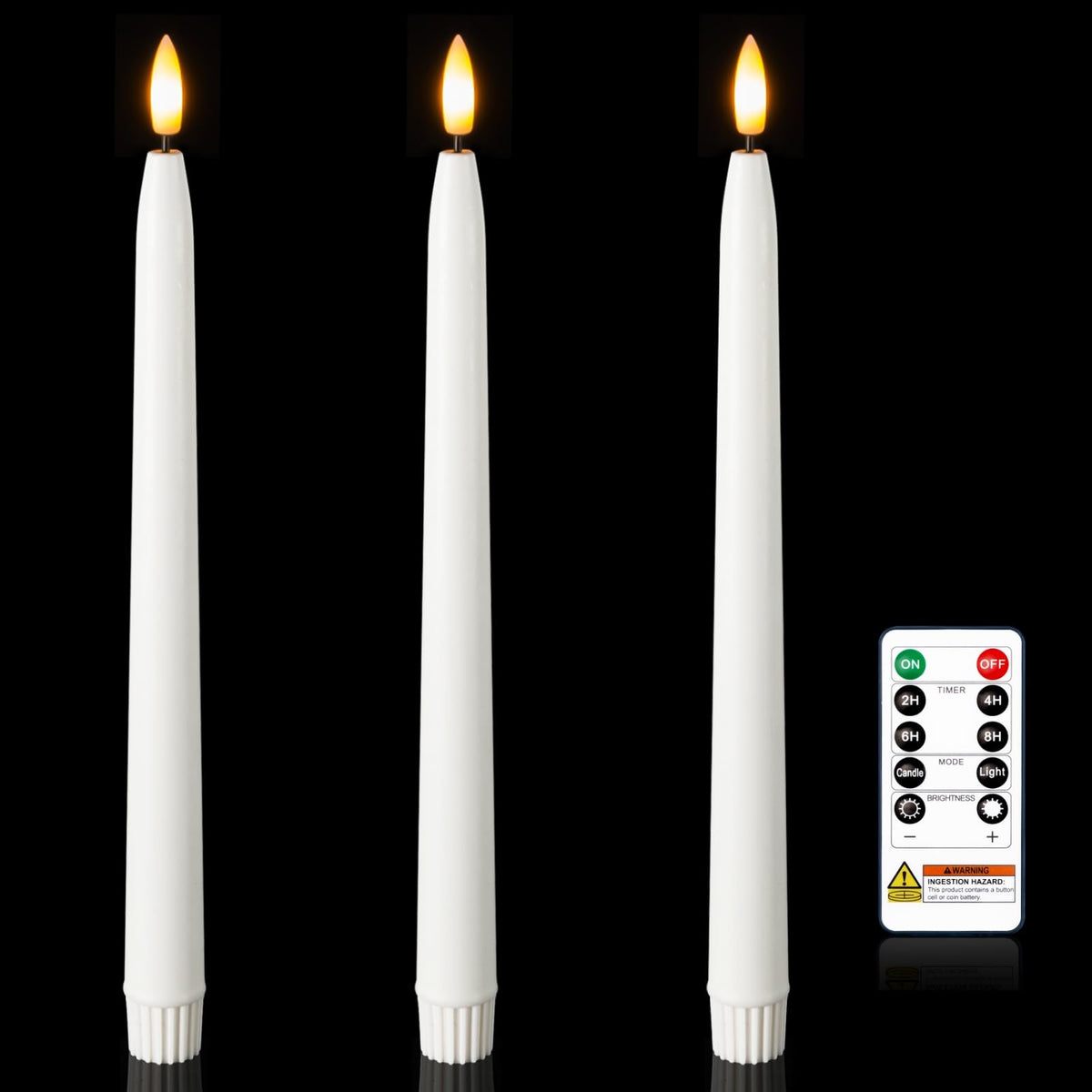 Homemory 11 inches Waxy Flameless Taper Candles with Remote Timer Dimmer, 3 Pcs Battery Operated Taper Candles with Flickering Flame, White LED Candlesticks for Wedding, Christmas Indoor Decoration