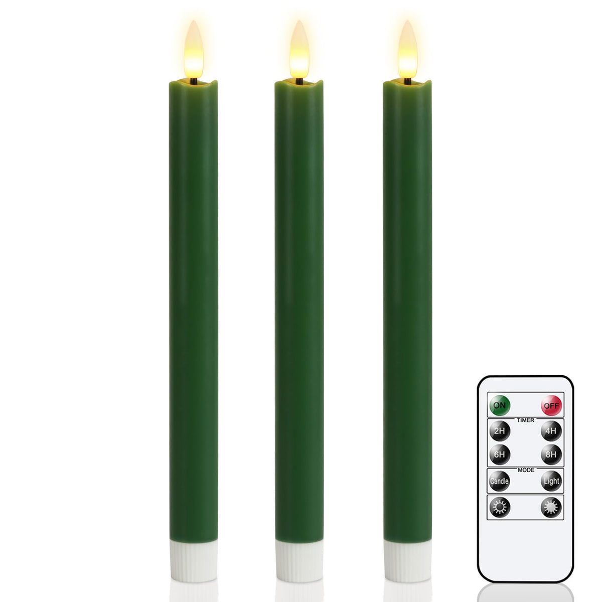 GenSwin FlamelessTaper Candles Flickering with 10-Key Remote, Battery Operated Led Warm 3D Wick Light Window Candles Real Wax Pack of 3, Christmas Home Wedding Decor(Green, 0.78 X 9.64 Inch)
