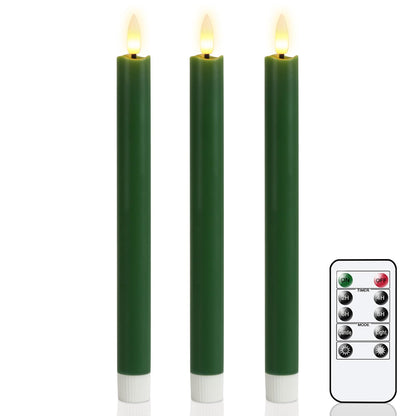 GenSwin FlamelessTaper Candles Flickering with 10-Key Remote, Battery Operated Led Warm 3D Wick Light Window Candles Real Wax Pack of 3, Christmas Home Wedding Decor(Green, 0.78 X 9.64 Inch)
