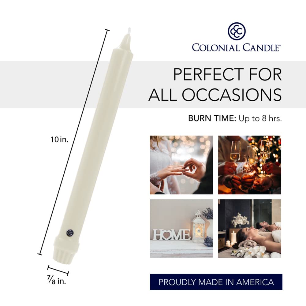 Colonial Candle Unscented Taper Candle, Classic Collection, Ivory, 10 in, Pack of 6 Candlesticks - Up to 8 Hours Burn