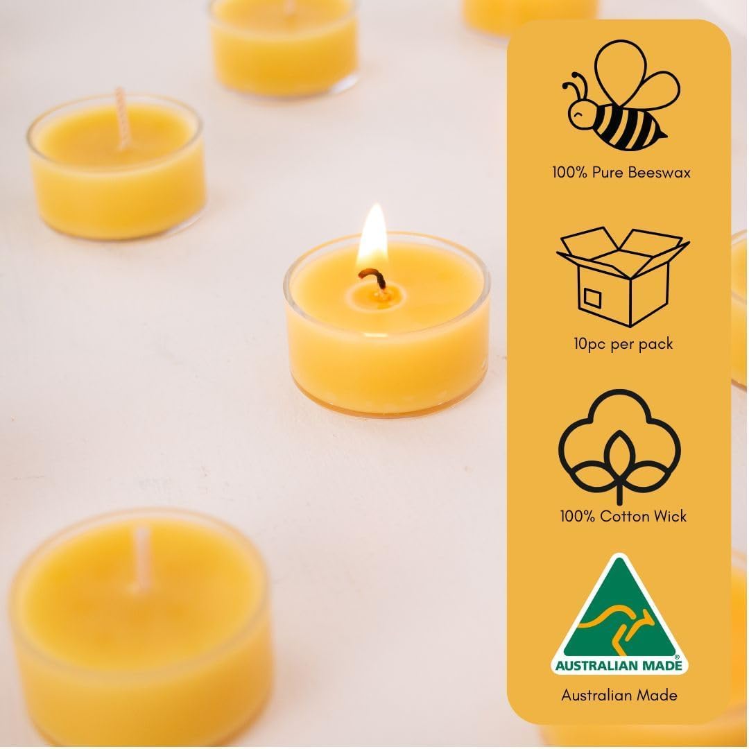 10pc Australian Made Pure Beeswax Tea Lights, 100% Organic Pure Beeswax Tea-Light Candles, 4hr Burn Time, Natural Tealight Candles Stress Relief Gifts for Women, Non Toxic Organic Tealights
