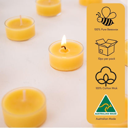 10pc Australian Made Pure Beeswax Tea Lights, 100% Organic Pure Beeswax Tea-Light Candles, 4hr Burn Time, Natural Tealight Candles Stress Relief Gifts for Women, Non Toxic Organic Tealights