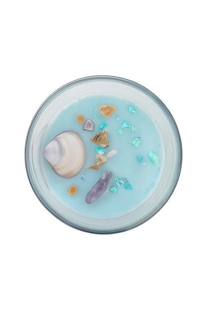 Desire to Spark Ocean Breeze Soy Candle, Handmade Glass Jar with Seashell and Crystal Decor, Blue, 7oz, Beach Theme Scented