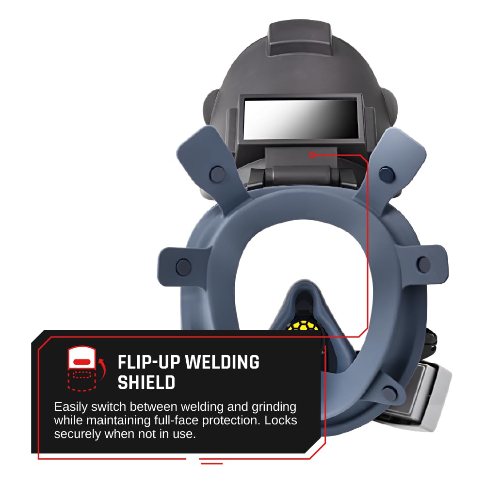 WF-100 Full-Face Welding Respirator – 2 x 4.25" Shade 9 Lens for Welding, Dual P3 Cartridges, Flip-Up Helmet, Compatible with 3M & Honeywell