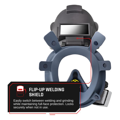 WF-100 Full-Face Welding Respirator – 2 x 4.25" Shade 9 Lens for Welding, Dual P3 Cartridges, Flip-Up Helmet, Compatible with 3M & Honeywell