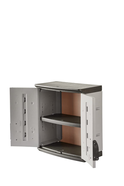 Rubbermaid Wall Mounted Storage Cabinet with Doors 150-Pound Capacity Gray Lockable Three-Shelf Cubbard for Tools/Car Accessories/Cleaning in Home/Garage/Outdoor Areas