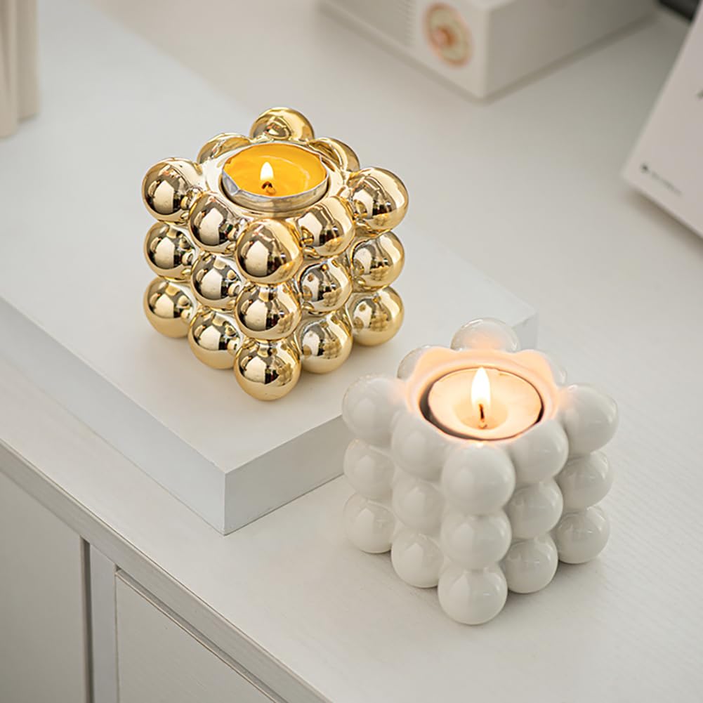 Ceramic Cube Golden Candle Holder Handheld Candlestick Holders Decorative Candle Stand Middle East Arabian Festival Candlestick Dining Table Party Home Decoration Ornament (Gold)