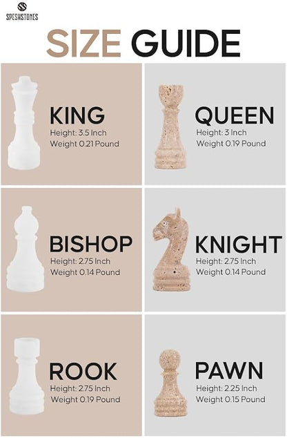 Marble Chess Set 15 Inch Handmade White &amp Travertine Luxury Board Games for Adults Elegant Table top Board Game Travel Chess Pieces &amp Storage Box for Gifts &amp Home Decor