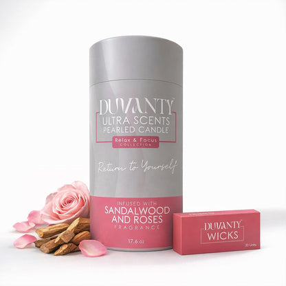 Duvanty Relax & Focus Pearled Candle Sand with Wicks – Sandalwood & Roses Scented Candle for Elegant Home Ambiance, Decorative Wax Beads & Cozy Evening Rituals, 17.6 oz