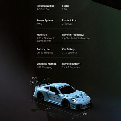 2.4GHz RC Drift Car 1:20 Scale Remote Control Car with LED Lights 4WD High Speed RC Vehicle Gift for Adults Racing &amp Drifting Tires