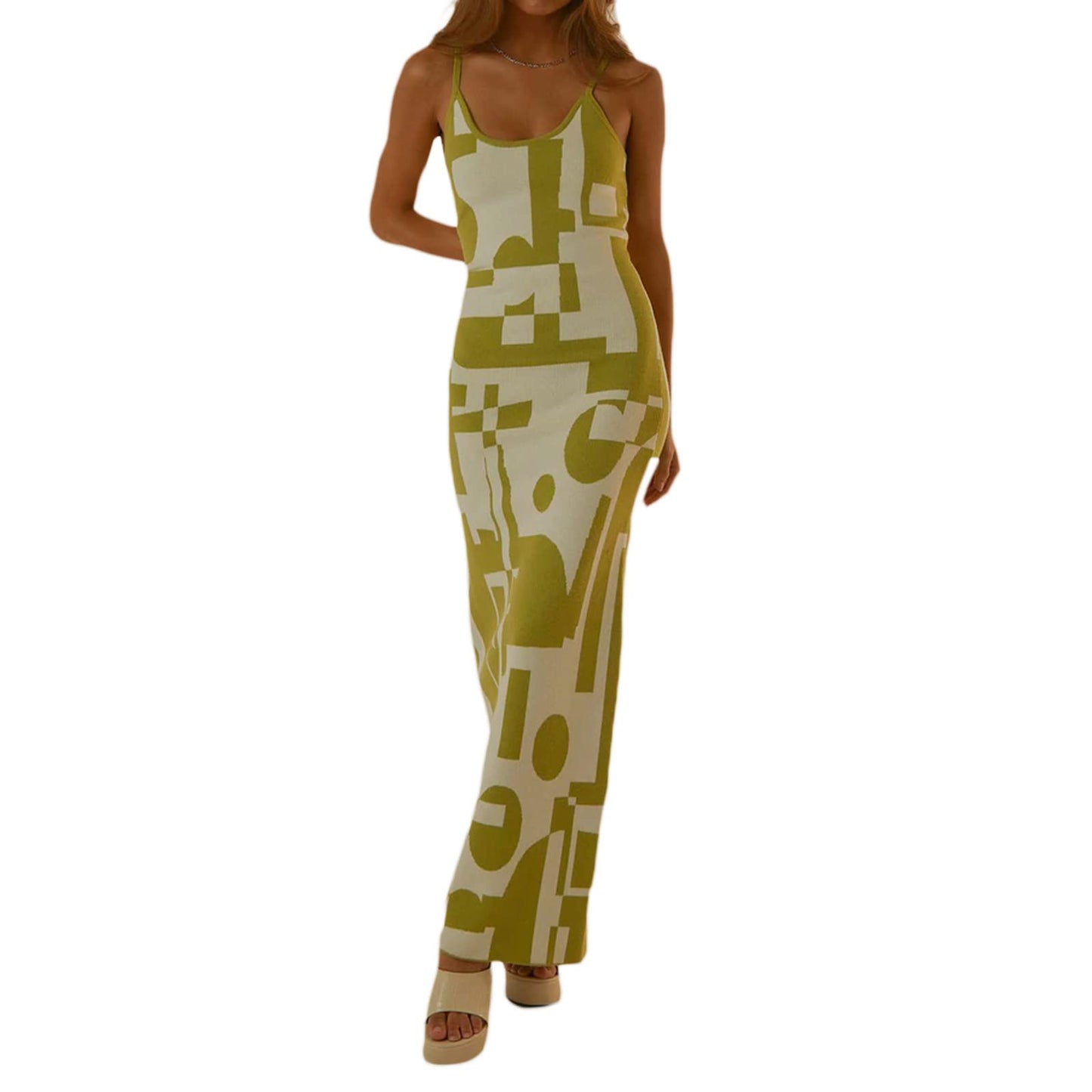 Fabumily Sexy Knit Bodycon Dress for Women Sleeveless Spaghetti Strap Cut Out Maxi Dress Backless Y2K Summer Beach Dresses (A- Green & White, S)