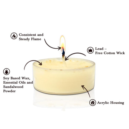 HEM Sandalwood Scented Tealight Candles – Pack of 10 | Natural Soy Wax, Non-Toxic & Long Burning (Up to 5 Hrs Each) | Soothing Aromatherapy Candles for Relaxation, Meditation & Home Décor
