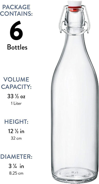 Bormioli Rocco Giara Swing Top Bottles 33 ¾ Ounce/1 Liter (6 Pack) ROUND Clear Glass Grolsch Flip Top Bottle With Stopper
