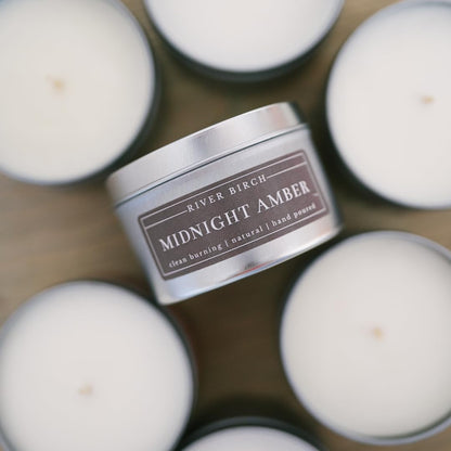 River Birch Candles Midnight Amber Scented Candle | Premium, All-Natural, Non-Toxic, Soy Wax | 8 oz. Silver Travel Tin | Cozy Relaxing Gifts for Home