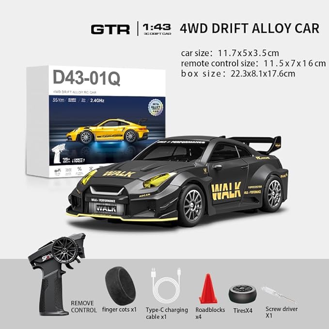 D43-02 1:43 Scale 2.4G Full Proportional 4WD Alloy RC Drift Car with Gyro System Silent Bearings Adjustable Speed &amp LED Lights for Adults High Speed Remote Control Racing Car