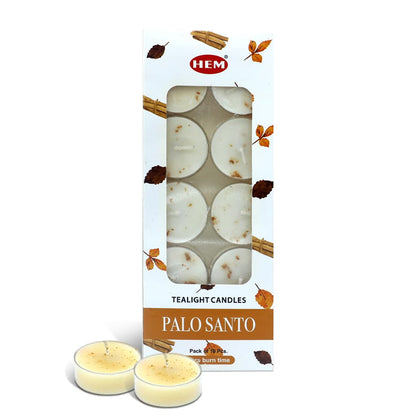 HEM Palo Santo Scented Tealight Candles (10 Pack, 5 Hr Burn) - Natural Soy, Non-Toxic, Long Lasting, No Smoke