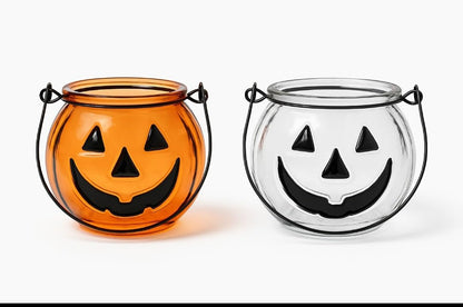 2 Halloween Glass Pumpkin Face Candle Holders, Orange and Clear, Jack O'Lantern Design, Decorative Tea Light Holders, Set of 2