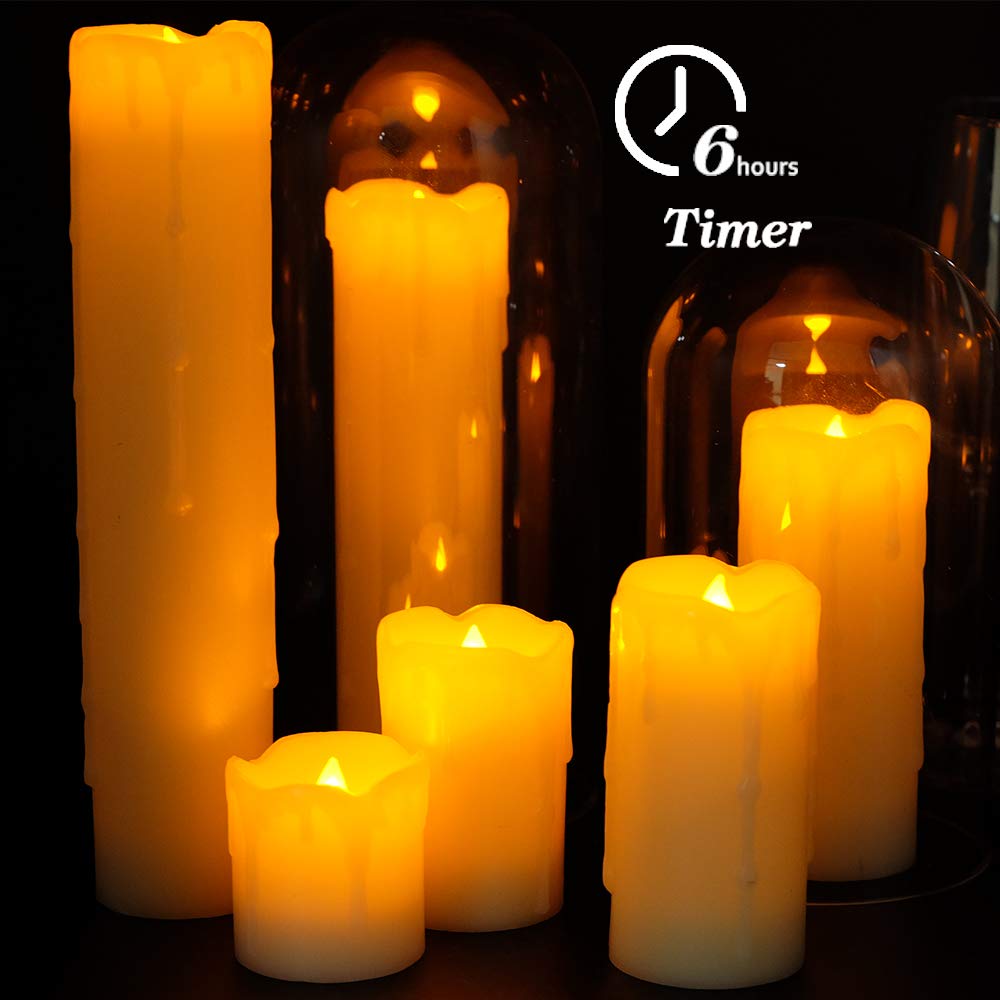 Eldnacele Flickering Flameless Candles with 6 Hour Timer Battery Operated (Battery Included) Dripping Real Wax LED Pillar Candles for Dinner Home Indoor Decor Christmas Holiday Decorations Set of 6
