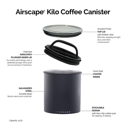 AirScape Planetary Design Kilo Coffee Storage Canister - US Patented Inner Plunger Lid Removes Excess Oxygen - DON'T buy airtight, BUY AIR-LESS - Holds 2.2 lbs Coffee Beans - (Matte Black)