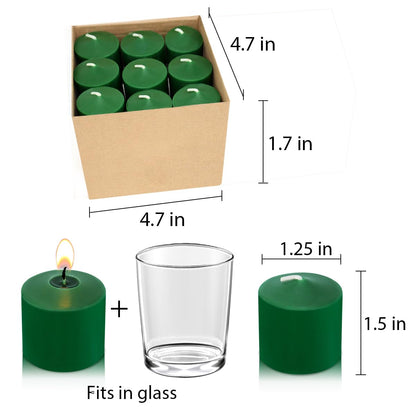 9 Packs Green Votive Candles, Unscented Small Votives for Wedding, St. Patrick's Day Holiday Party, Home Decoration (8 Hour), 1.5" D x 1.25" H