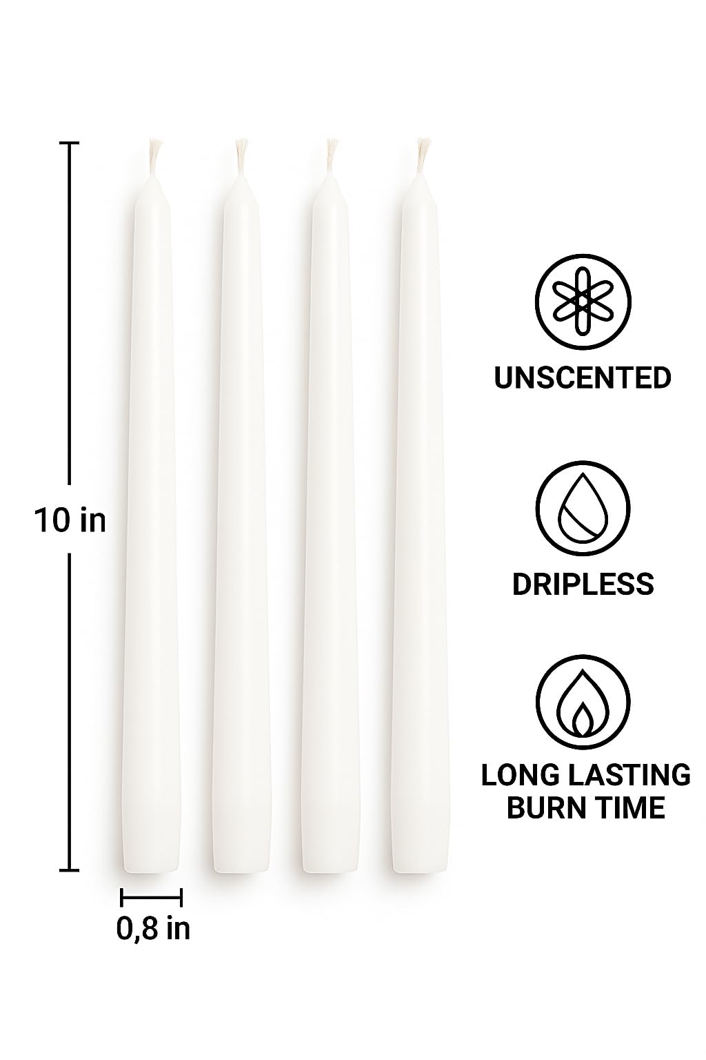 Dinil White Taper Candles - 110 Inch Unscented Dripless Smokeless Candlesticks Set of 4 | Perfect for Fall, Halloween, Thanksgiving, Dinner, Wedding and Party Decoration