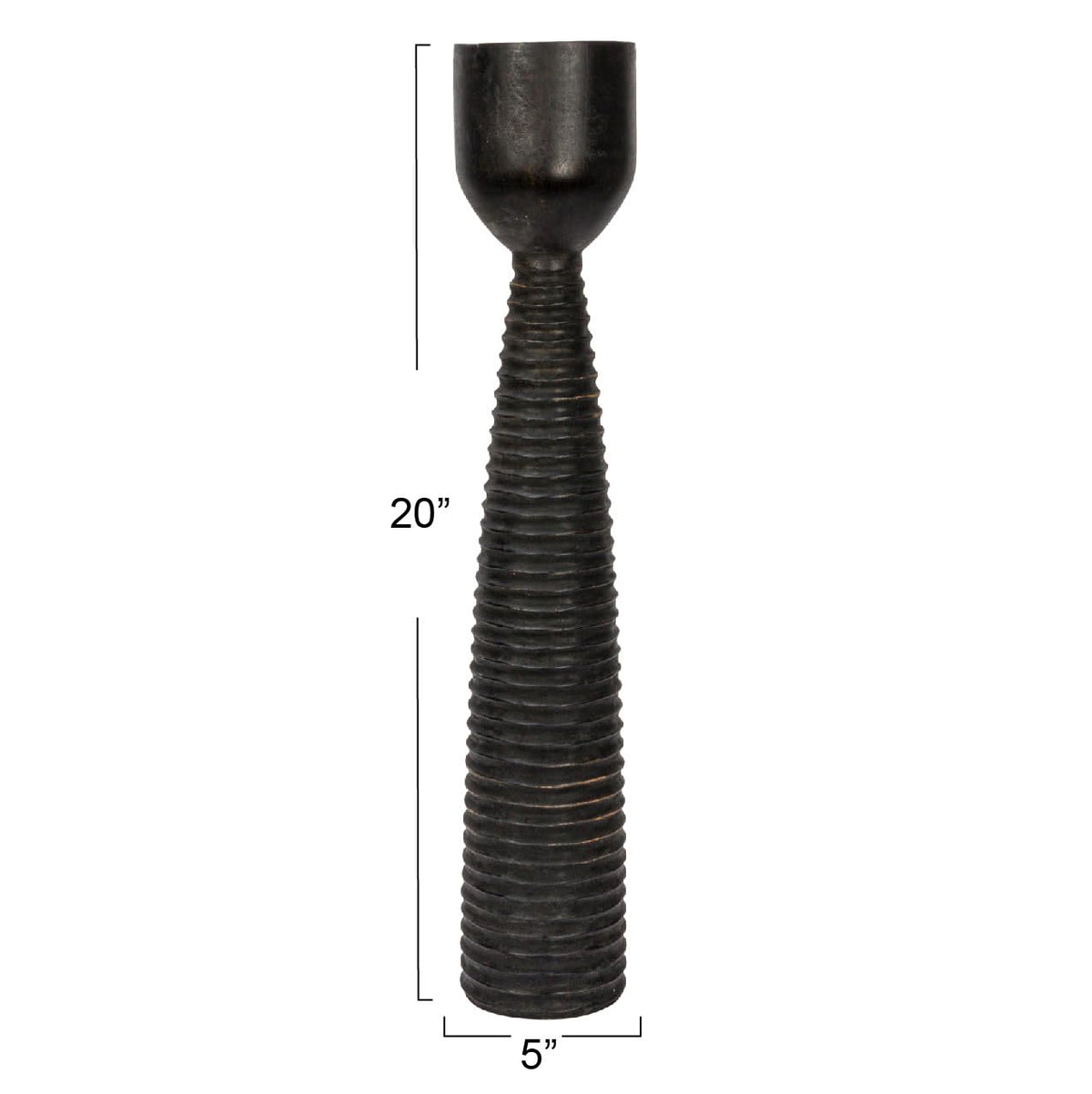 Bloomingville Round Hand-Carved Mango Wood Ribbed Candle Holder, Black (Holds 4 inches Pillar)