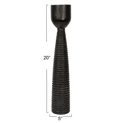 Bloomingville Round Hand-Carved Mango Wood Ribbed Candle Holder, Black (Holds 4 inches Pillar)