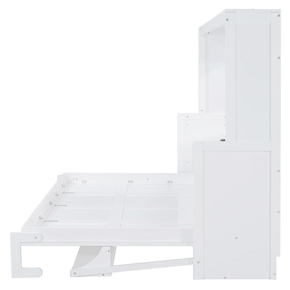 Ball & Cast Horizontal Murphy Bed Queen Size,Hidden Folding Wall Bed Frame with Hydraulic Lift&Desk,Wood Cabinet Platform Bed can be Folded into Desk,Space Saving for Bedroom,Guest Room,White