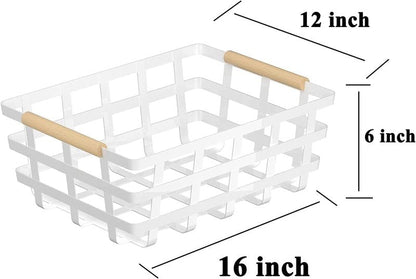 4 Pack Large Metal Storage Baskets, Farmhouse Baskets, Pantry Organizer Baskets with Wood Handle, Metal Baskets Bins for Kitchen Pantry Shelf Cabinets, White
