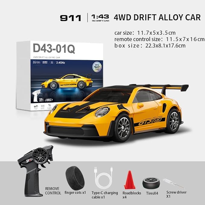 1/43 Scale RC Drift Car 2.4G Full Proportional 4WD Remote Control Car with Gyro Adjustable Speed &amp LED Lights Alloy RC Vehicle for Adult