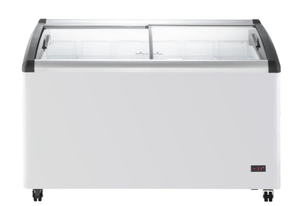 Duura Commercial Mobile Ice Cream Display Chest Freezer Sub Zero Temp Curved Glass Top Frost Free Lid with 6 Wire Baskets, 53.2 Inch Wide 15.2 Cubic Feet, White