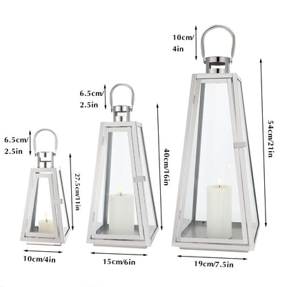 TRIROCKS Set of 3 Stainless Steel Candle Lantern 21''&16''&11'' High Metal Candle Holder with Tempered Glass Panels for Christmas Home Decor Living Room Parties Events Indoors Outdoors (Silver
