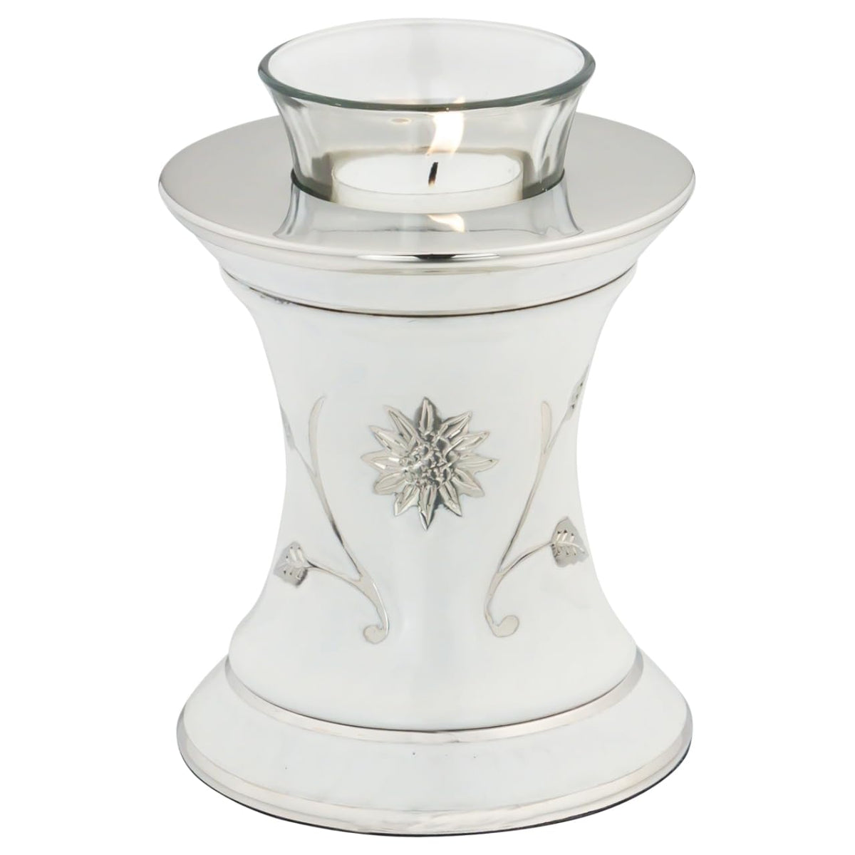 Grace White Tealight Cremation Urn for Ashes, Brass Memorial Candle, White and Silver, Extra Small Sized Cremation Urn, 5.5 Inches High