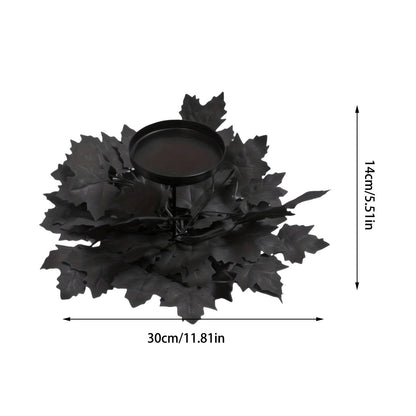 Mini Halloween Wreaths with Plastic Candle Holder, 5.5" Artificial Black Maple Leaves Candle Wreath Floral Twig Candleholder Wreath for Table Centerpieces Decorations