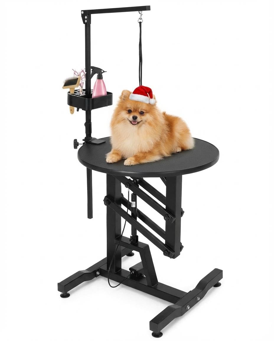 24" Hydraulic Lift Dog Grooming Table – Adjustable Height, 250LB Capacity, Non-Slip Silicone Top, Foldable for Home & Salon Use