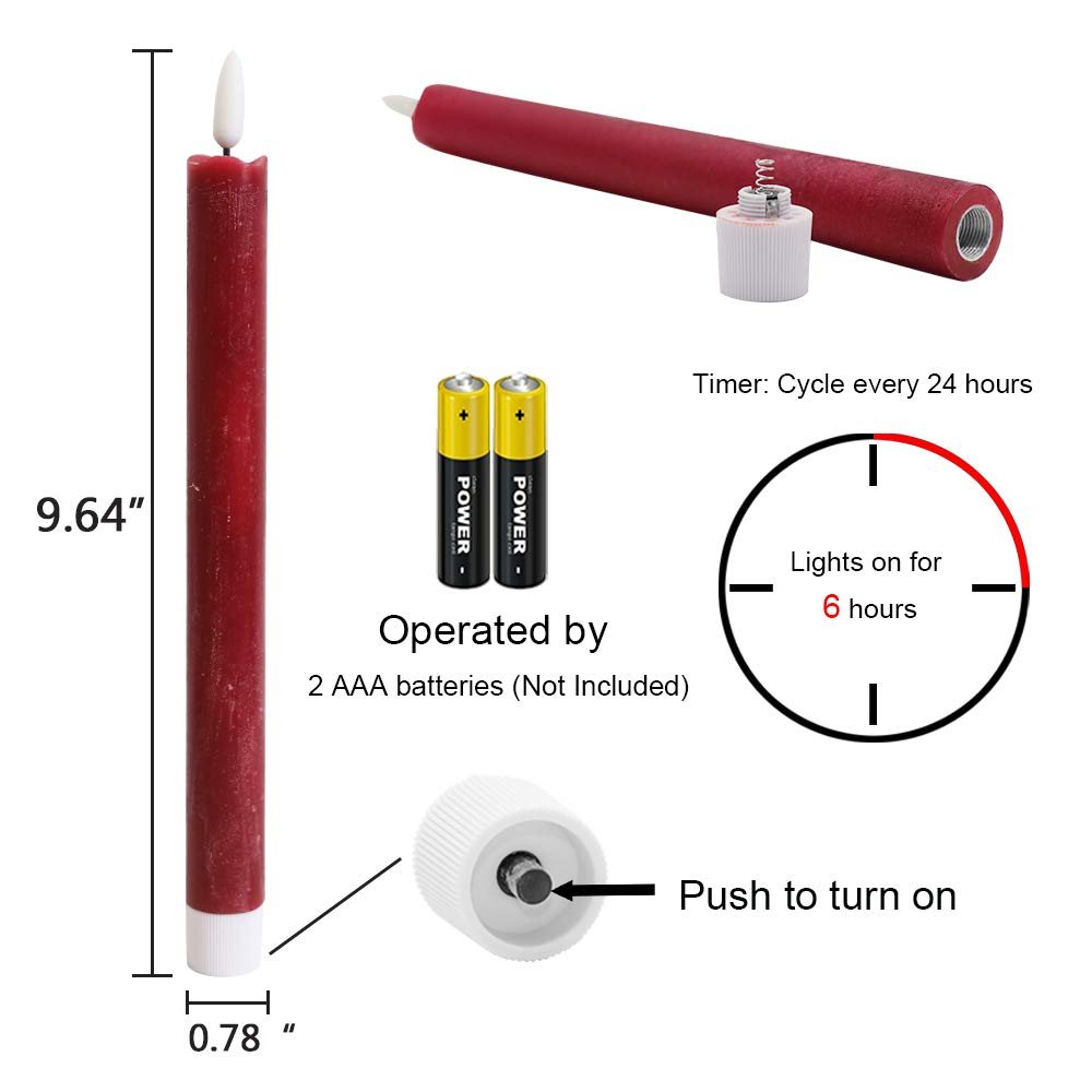 Wondise Flameless Taper Candles with Timer, 6 Pack Battery Operated LED Flickering Real Wax Red Candle for Christmas Wedding Dinner Decorations