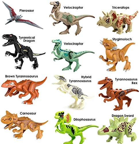 Toysvill Compatible Dinosaurs Mini Figures for Jurassic World Building Blocks Toys (Set of 20 Pieces) with Moving Parts. T Rex Dragon Sword Pterodactyl Tyrannical Dragon Stygimoloch et al.