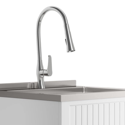 SIMPLIHOME Beckham All-in-One 24 inch Wide Utility Sink and Laundry Cabinet in Pure White Finish, Transitional Stainless Steel Sink Cabinet for Laundry Rooms with High-Arch Brushed Nickel Faucet
